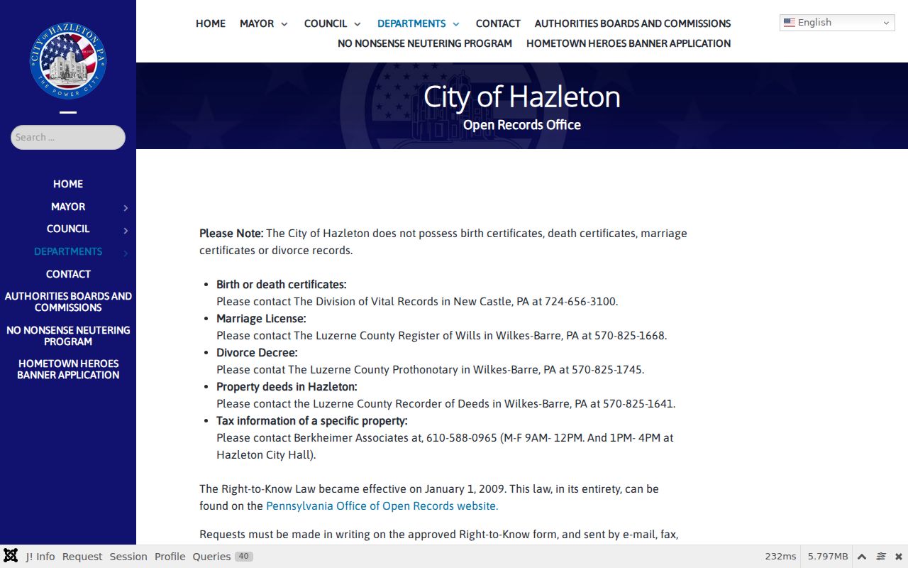 Hazleton city directory research routing through the Open Records Office